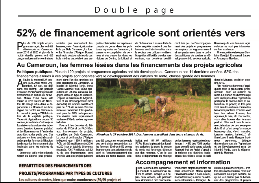 AssongmoNecdem's tweet photo. Le quotidien Le Jour a publié l'enquête que j'ai menée avec Ghislaine Deudjui et Emmanuel Batake sur les projets et les programmes agricoles exécutés au Cameroun. 52% des financements ne ciblent pas les femmes.
 #Datajournalisme
#Opendata
#OpenDataPourElles
 #AdisiCameroun https://t.co/UIQsoXa7nj