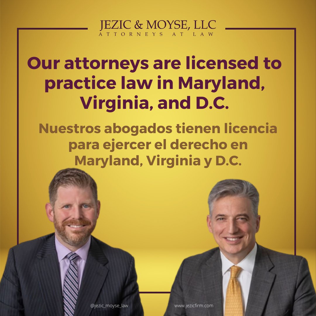 Our attorneys are licensed to practice law in Maryland, Virginia, and D.C. For a list of our locations, check https://t.co/DDxeMqMSp5.
Nuestros abogados tienen licencia para ejercer el derecho en Maryland, Virginia y D.C. Encuentre nuestras oficinas en https://t.co/DDxeMqMSp5. https://t.co/mLJB01KSQ6