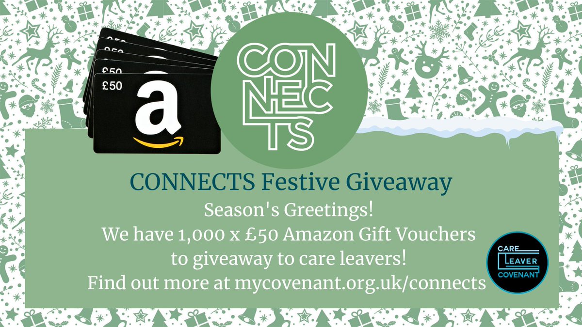 Thanks to <a href="/AmazonUK/">Amazon.co.uk</a>, the Covenant has 1000x £50 Amazon Gift Vouchers to giveaway to care leavers. Simply register between 07.00 am on 13th December and midnight on 22nd December. The first 1000 people to register will be sent a voucher by email: loom.ly/vVyYGn8