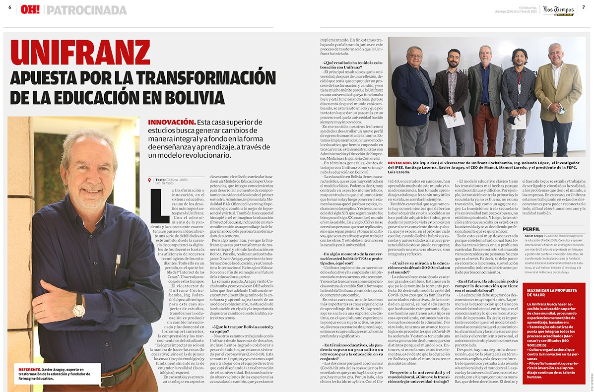 xaragay's tweet photo. 🛬 De vuelta a casa, con muchas ganas de ver cómo se desarrolla el trabajo que realizamos, junto con @XaviPascual1, en @UnifranzBolivia 

👀 Mi entrevista en @LosTiemposBol, un mini resumen de la experiencia de #transformacioneducativa que llevamos a cabo en Reimagine Education. https://t.co/hegJJyE8vk