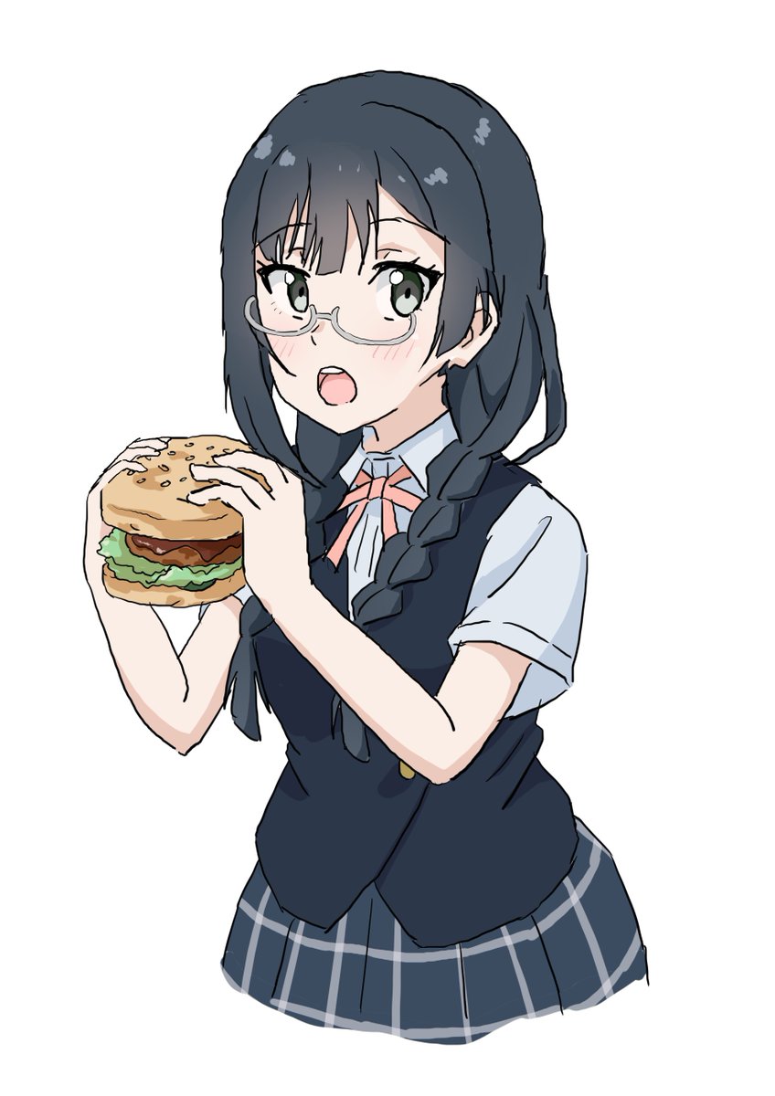 yuuki setsuna (love live!) 1girl nijigasaki academy school uniform solo food burger braid glasses  illustration images