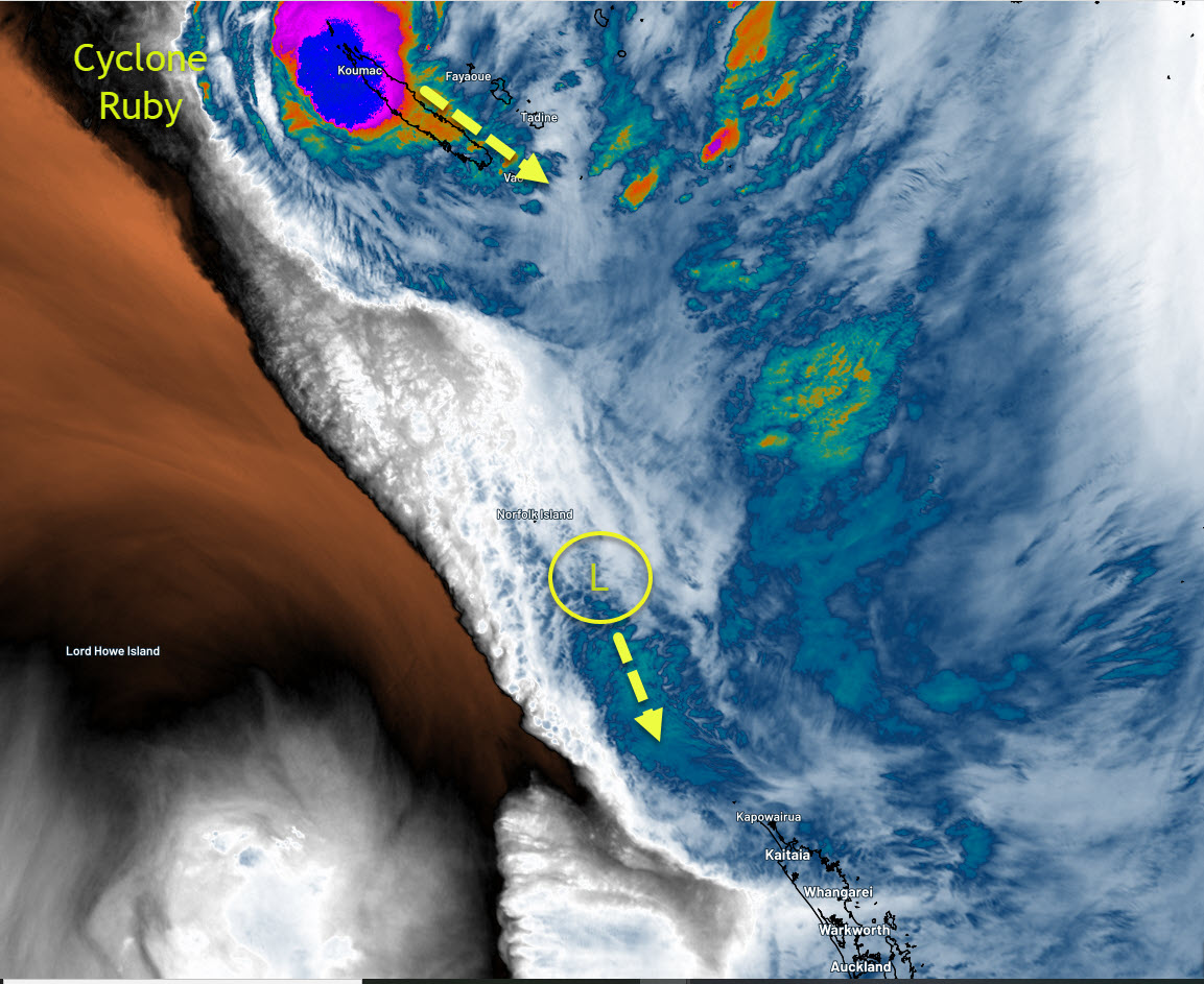 HaurakiGulfWx's tweet image. #CycloneRuby this morning is impacting New Caledonia. In the last 24 hrs Ruby has been shedding vortex's into the northern Tasman, one which has now developed into a low pressure system. This will move towards the Upper North Island today and bring more periods of heavy rain.