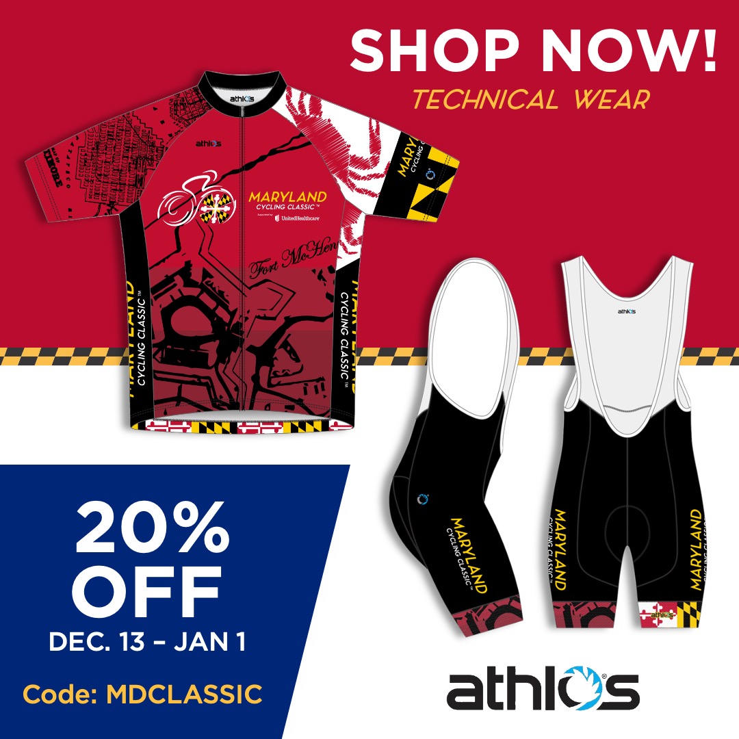 MarylandClassic's tweet photo. 🎄🎁 HOLIDAY SAVINGS! 🎄🎁 Give the gift every cyclist would love to wear! SHOP NOW at https://t.co/nmMqMokgqh for the Official MCC Technical Gear from @athlosports. 

Get 20% OFF now through the end of the year! Use promo code at checkout: MDCLASSIC

#mccuhc22 https://t.co/tqjcJNVUlr