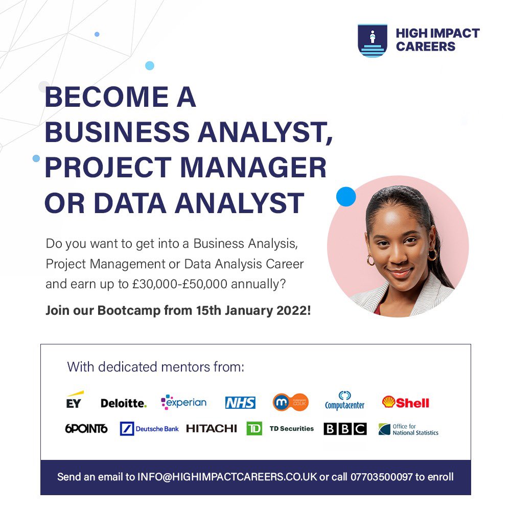 OgbeniDipo's tweet image. Do you want to get into a Business Analysis, Project Management or Data Analysis Career and earn up to £30,000-£50,000 annually?

Join @HighImpact01’s Bootcamp in January 2022! Click highimpactcareers.co.uk/courses/events/ to enrol!

📧:INFO@HIGHIMPACTCAREERS.CO.UK if you’ve got queries.