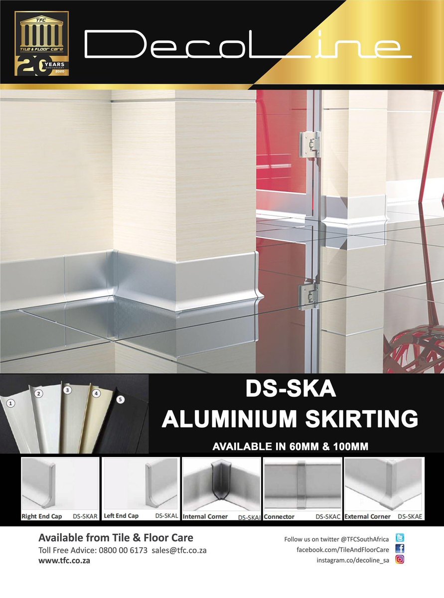 TFCSouthAfrica's tweet photo. The most sort after aluminium skirting on the market, #decoline SKA aluminium skirting.
It is ideal for use where a modern, hi-tech finish is
required
The profiles is designed to sit on top of the floor covering in order to provide a neat finish
#decoline #aluminiumskirting https://t.co/d5X2PdCgrh