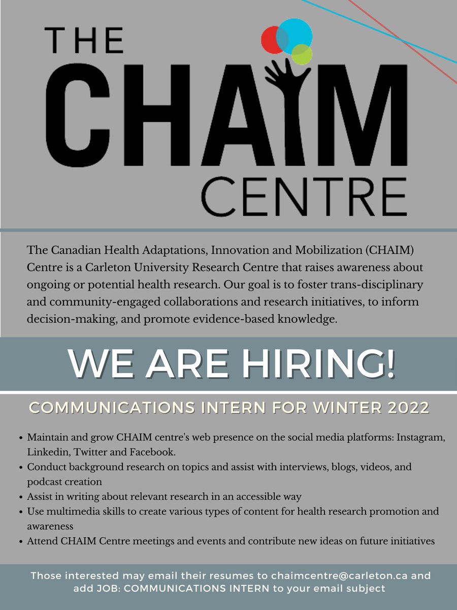 📢Hiring Opportunity📢:
@CarletonUniversity students with journalism &amp; social media expertise: the CHAIM Centre is seeking a part-time Communications Intern for the Winter semester! Email chaimcentre@carleton.ca to apply: