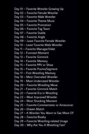Day 01- Shawn Michaels. (Retired)
Day 02- Mickie James
Day 03- Cedric Alexander
Day 04- Maria Kanellis (Her sexy legs)
Day 05- WWE
Day 06- Brian Kendrick and Paul London.
Day 07- Vince's Devils (Candice Michelle, Victoria & Torrie Wilson)
Day 08- Mickie James/Trish Stratus https://t.co/ejwaxrMu9H