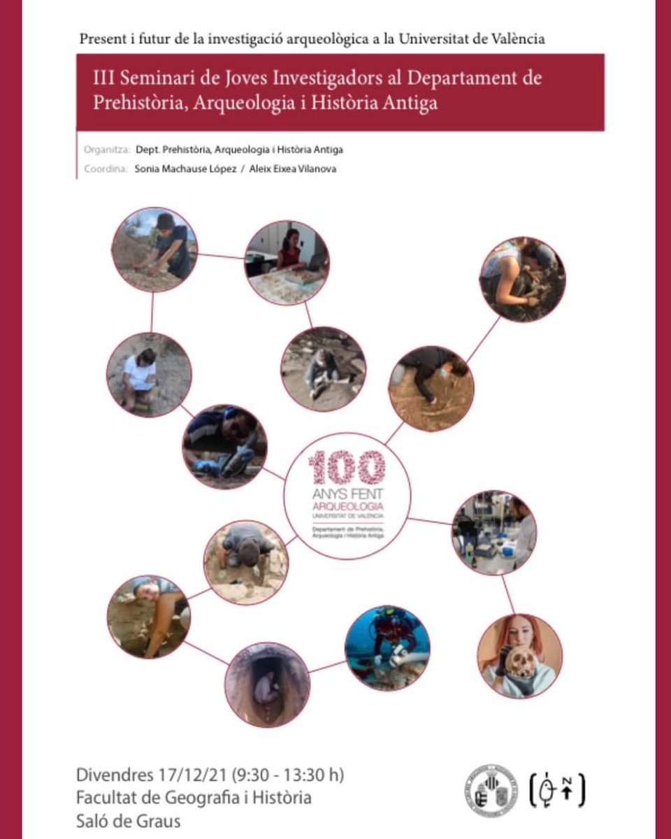 ArqueologiaUV's tweet photo. 📢El pròxim divendres 17 de desembre se celebrarà el III Seminari de Joves Investigadors, en el marc d'activitats del Centenari del Laboratori d'Arqueologia 📝
 @CdCienciaUV
@FacGeoiH @UV_EG https://t.co/8DMKMf86lV