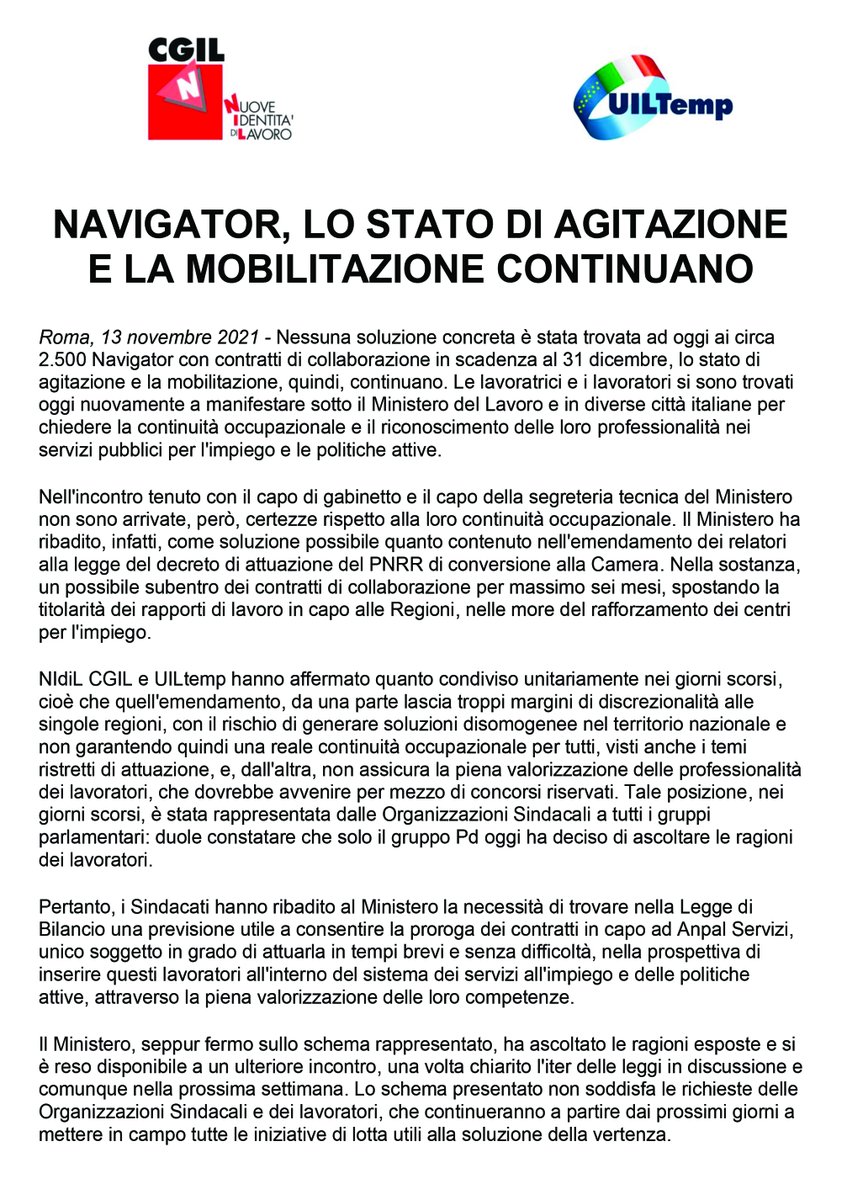 🟥🟦 #Navigator: stato agitazione e mobilitazione continuano. Ancora nessuna soluzione concreta per 2.500 Navigator con contratti in scadenza al 31 dicembre.
#NIdiLCGIL #UILtemp "continueremo con tutte le iniziative di lotta utili per soluzione vertenza"

bit.ly/3yohV9t