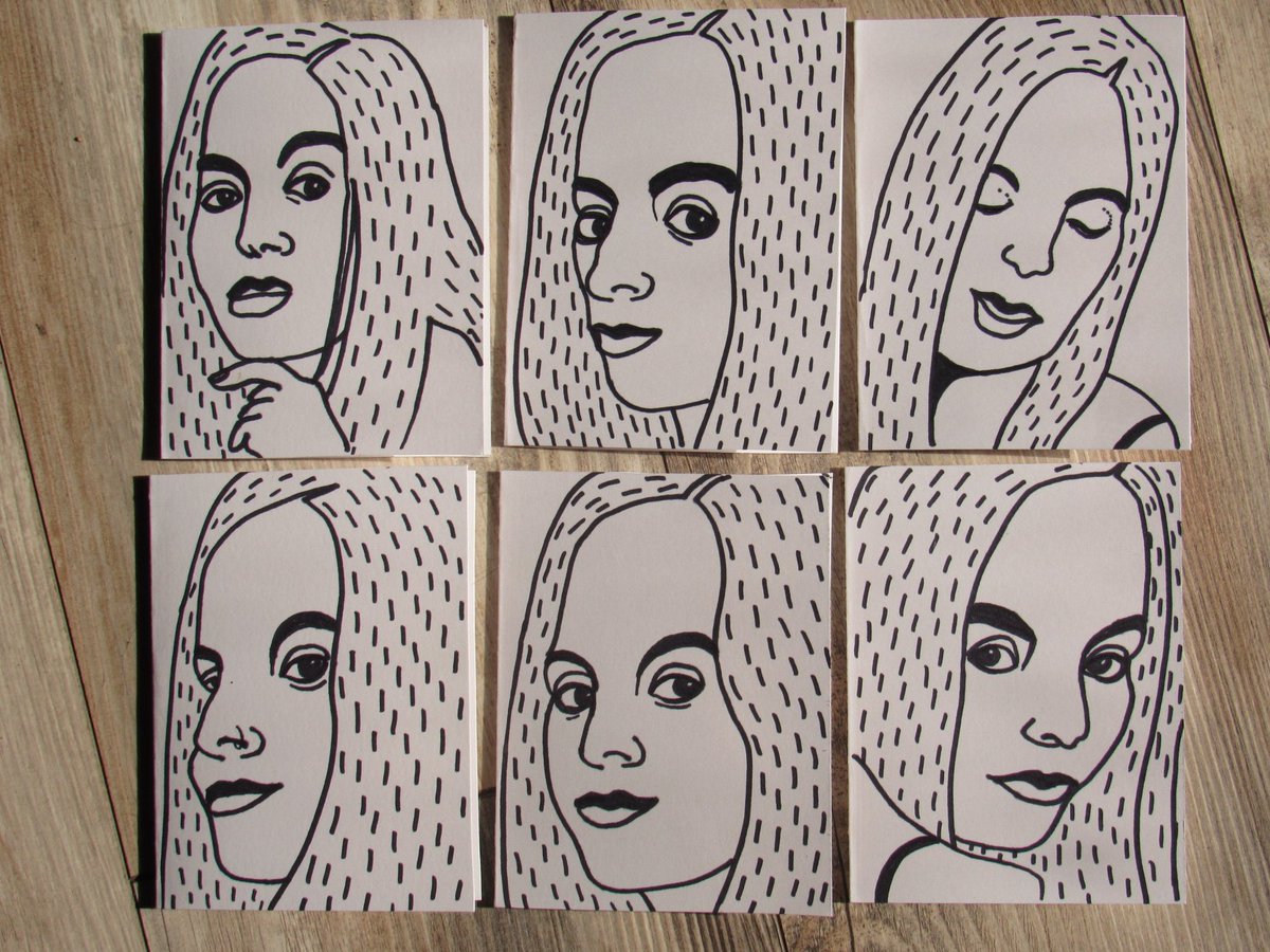 JeffZenick's tweet photo. Currently I am on a North Carolina Sojourn - This morning I made a dozen cards with a sharpie marker. Here are my 6 favorite of them. #portrait #portraitdrawing #drawing https://t.co/7NyGXNISVJ