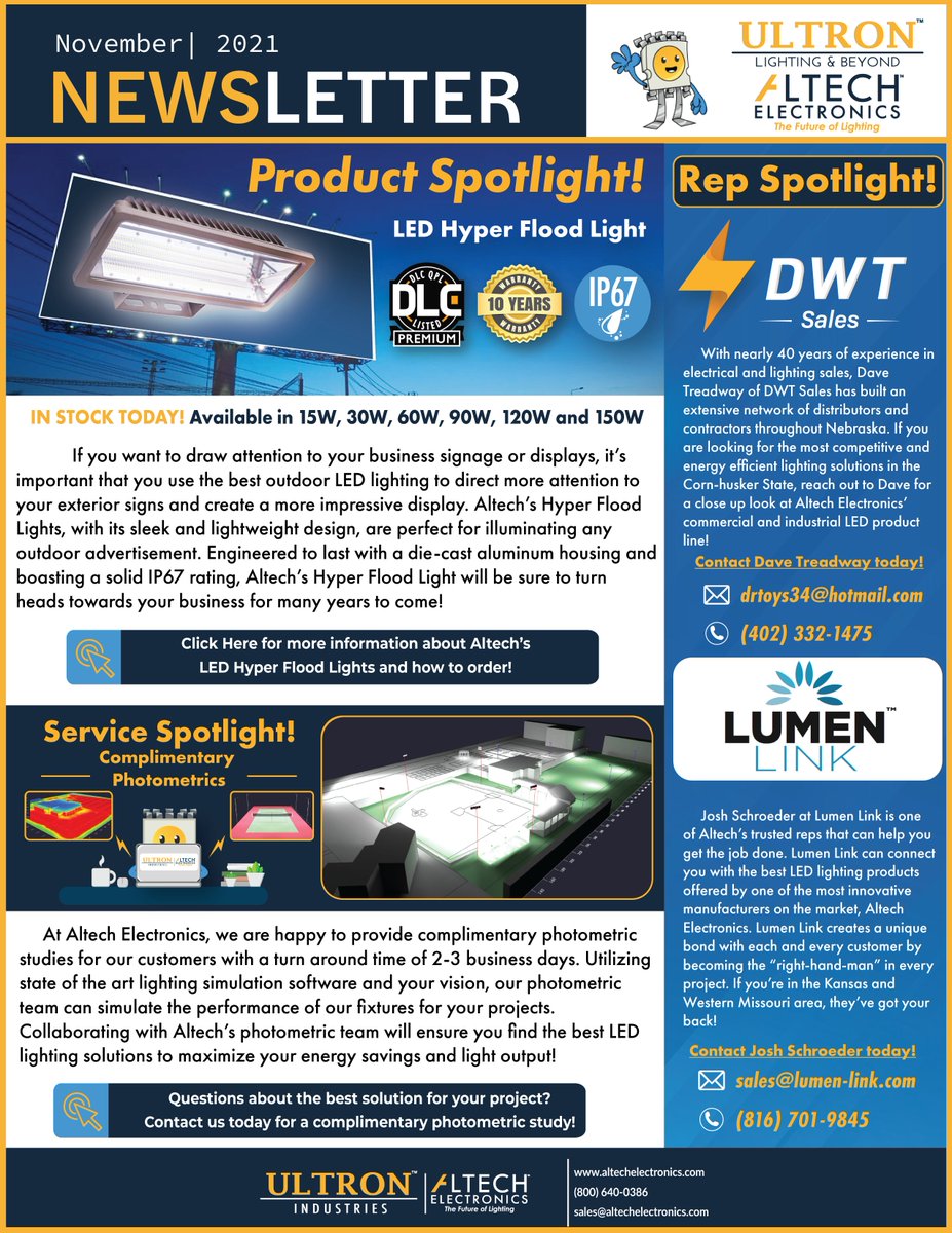 AltechElctrnics's tweet image. Did you miss Altech&apos;s November Newsletter? We featured a great article featuring our reps, Lumen Link and DWT Sales, our LED Flood Lights and complimentary photometric study services!
