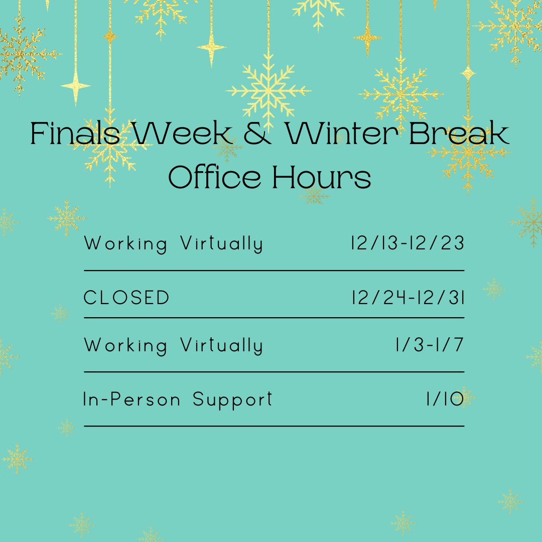 csulbWGEC's tweet photo. Winter Break is almost here!!❄️ During finals week and winter break, our in-person services will be closed but we WILL be available virtually for any support needed. Good luck with finals and have a restful break! ❄️
#wgec #csulb #finals #winter https://t.co/OmbSYIWZcb