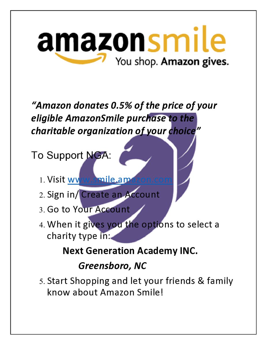 NextGen41's tweet photo. Do you shop with Amazon? As you make your holiday purchases, please consider using the Amazon Smiles program, as this is an easy way to give back to your school! Please see the instructions attached. #EaglesAlwaysSoar! https://t.co/DQhbRuBMn3