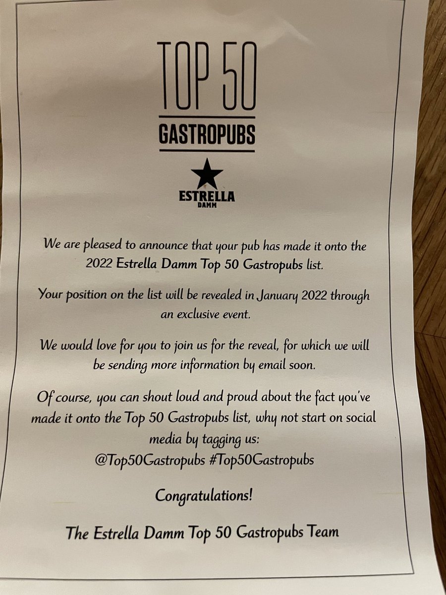 Wow. So proud of everyone. Thank you so much <a href="/Top50Gastropubs/">Estrella Damm Top 50 Gastropubs</a>. A real honour to be amongst such great company on the list