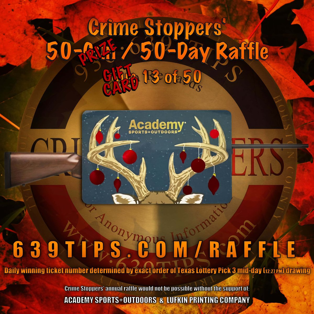 Not_That_JB's tweet image. 50-Prize/50-Day Raffle
Day 13 (Dec 13)
Winner: 414
Prize: $595.36 Academy Sports+Outdoors gift card
Winner will receive email with instructions for claiming Academy Sports+Outdoors gift card.
#639TIPS #50Prizes50Days #37ToGo