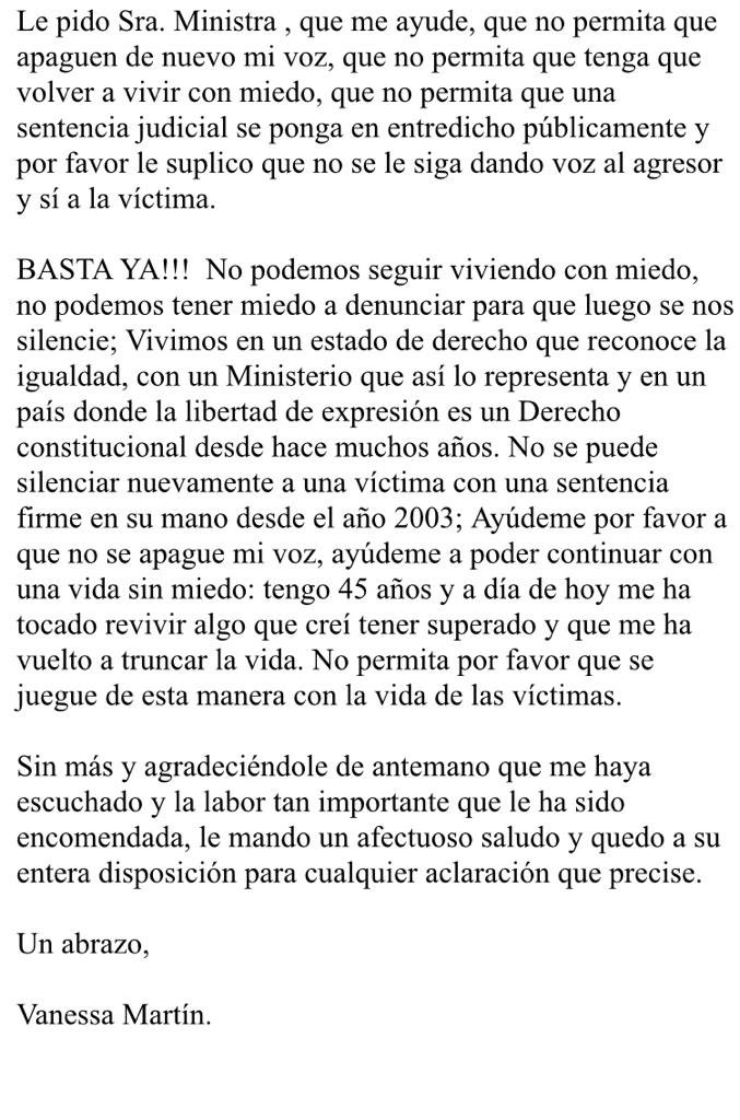 El 7 de Diciembre registré en <a href="/IgualdadGob/">Ministerio de Igualdad</a> esta carta dirigida a la ministra <a href="/IreneMontero/">Irene Montero</a>  A la espera de que me tienda la mano y me ayude a restituir el daño y dolor que se me ha hecho 🙏🏻 #VanessaMartinEstaViva #VanessaMartinTambienSeRebela