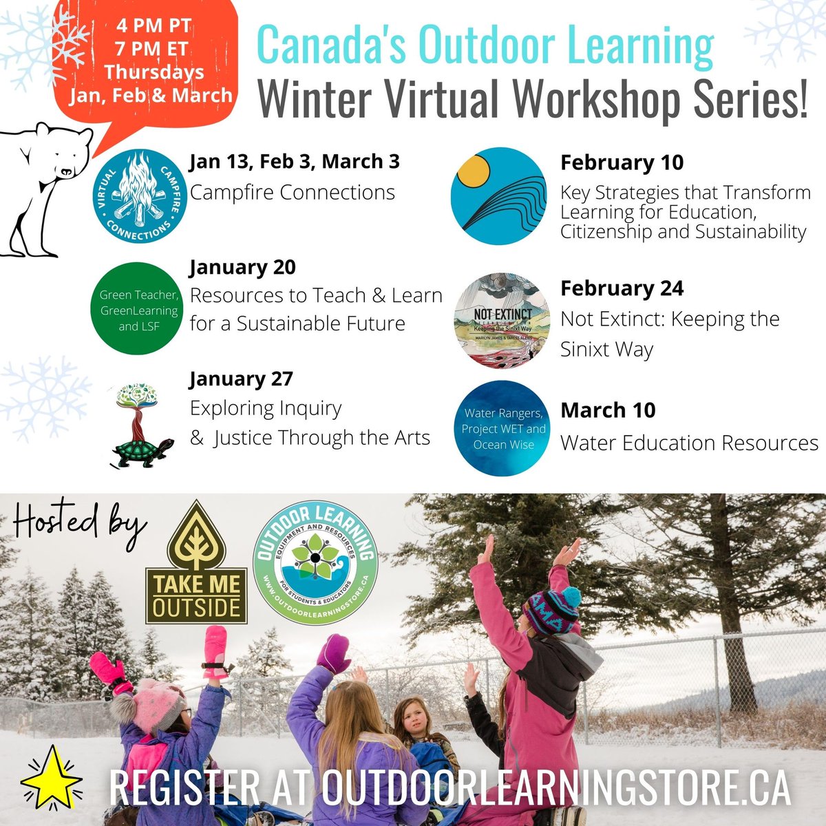 Winter Virtual Workshop Series

A collection of virtual events designed to enhance outdoor teaching and learning. Hosted by <a href="/takemeoutside/">Take Me Outside</a> and @OLS_Canada. Register now!

ow.ly/9fYa50H7H3L

#GEOEC #TakeMeOutside #OLS #Workshops #Webinars #PD #ProfessionalLearning #ABed