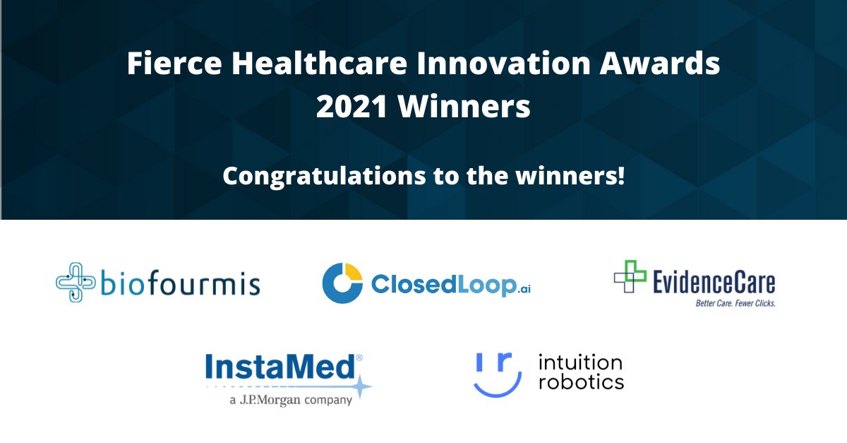 LifeSciEvents's tweet photo. Congratulations to the winners of the 2021 Fierce Healthcare Innovation Awards below!

@evidencecare  
@closedloopai
@biofourmis 
@InstaMed
@intuitionrobo 

To view the Innovation report and Best in Show winners, please visit https://t.co/a7QuiQmFg9

#FierceHealthcareAwards https://t.co/ncar5eGVP7