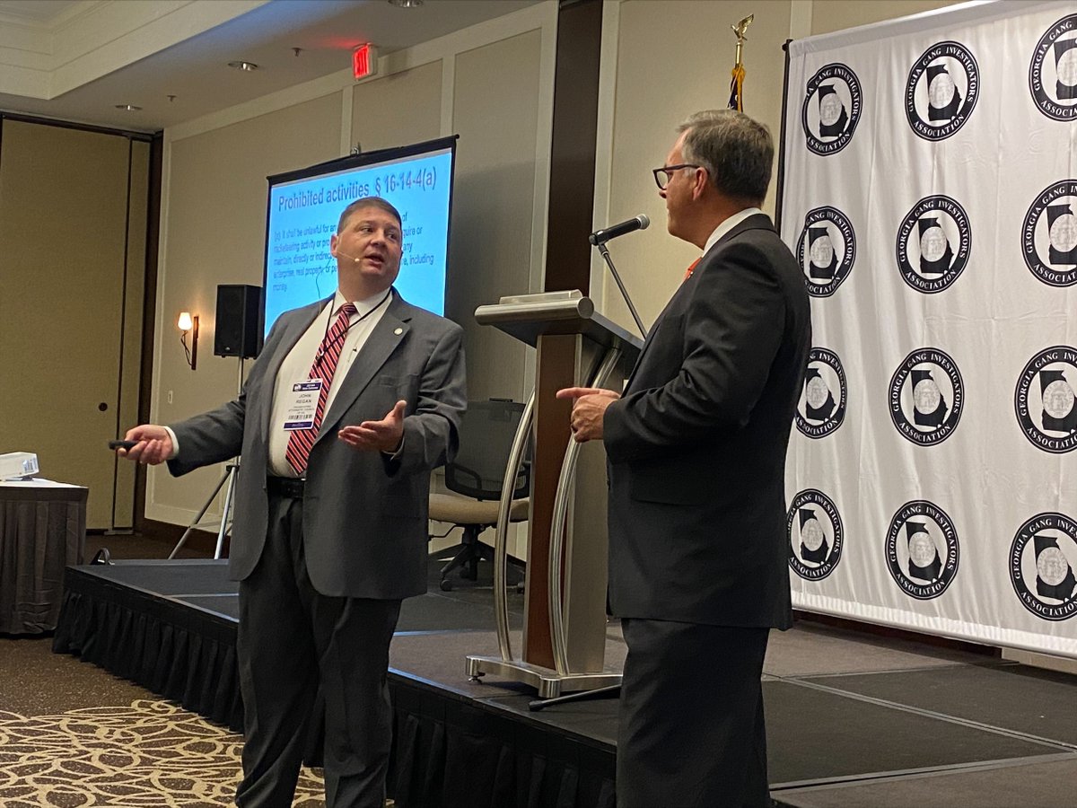 GAProsecutors's tweet photo. PAC Gang Resource Prosecutor John Regan and @GBI_GA Asst. Dir. John Melvin co-presented at the Georgia Gang Investigators Association conference today. By and through our valued partnerships, the work continues to address violent crime across our State. #GGIA #GBI #PACpartners https://t.co/KLhV9DSfxU