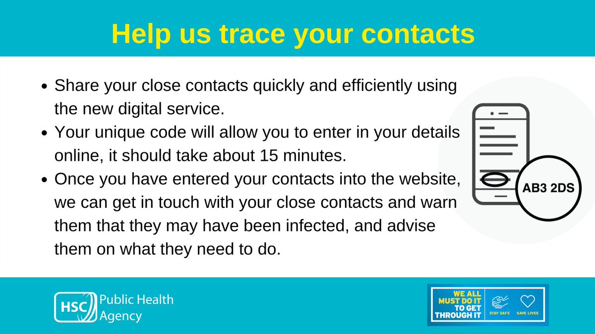 publichealthni's tweet photo. Our #ContactTracingService will send positive cases a unique 6 digit code from 'HSCtracing' this code will provide them with access to an online platform. We will ask questions about the individuals health and info on #closecontacts. More info @ https://t.co/rkxGQbTdNK https://t.co/LDg80ENUoV