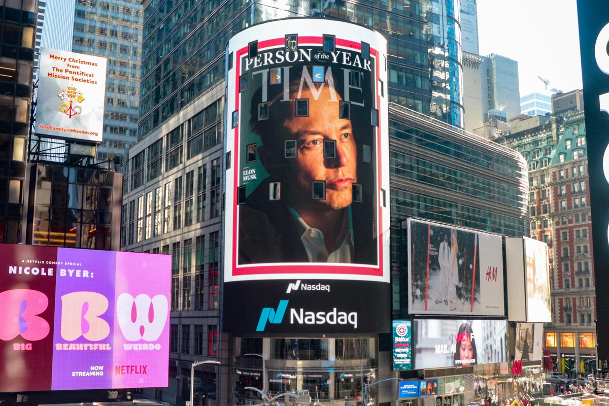 NasdaqExchange's tweet image. Congratulations to @elonmusk who has been announced as @TIME's 2021 Person of the Year. #TIMEPOY

We applaud his commitment to sustainability, technology and innovation as #NasdaqListed @Tesla’s CEO.

Next up? Celebrations at @Nasdaq! ⏰ TIME: Closing Bell!