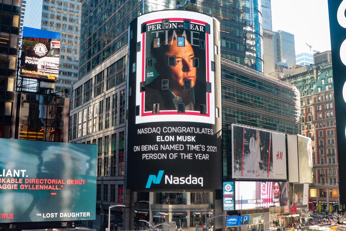 NasdaqExchange's tweet image. Congratulations to @elonmusk who has been announced as @TIME's 2021 Person of the Year. #TIMEPOY

We applaud his commitment to sustainability, technology and innovation as #NasdaqListed @Tesla’s CEO.

Next up? Celebrations at @Nasdaq! ⏰ TIME: Closing Bell!