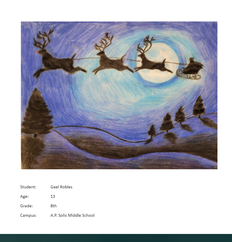 APSolisDISD's tweet photo. Congratulations goes out to Gael Robles, A.P. Solis 8th grader, for winning the Donna ISD Christmas Card Contest! https://t.co/8sKZmIJK8J