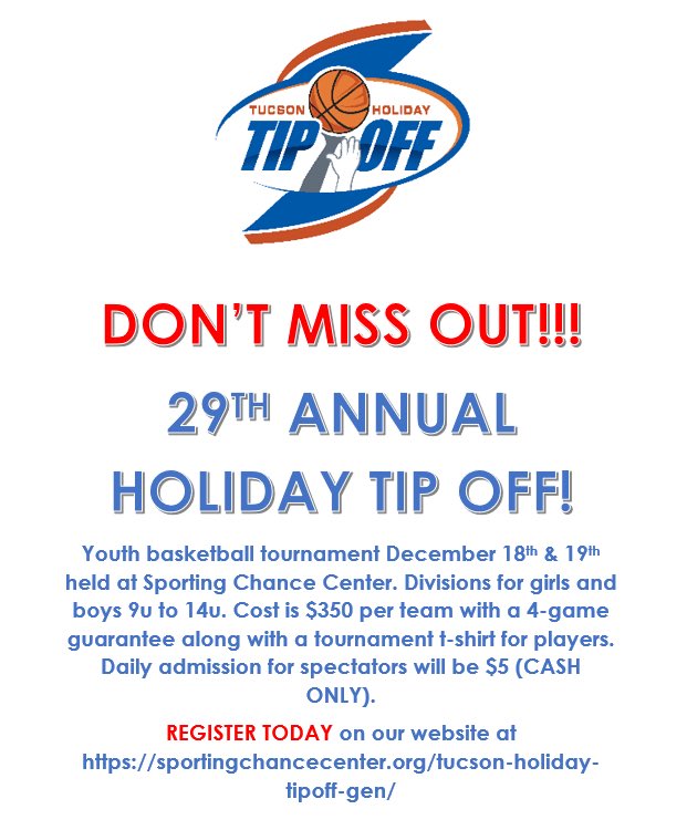 🚨HOLIDAY TIP OFF🚨 sign up today to play this weekend December 18 &amp; 19!!! LET’S HOOP TUCSON