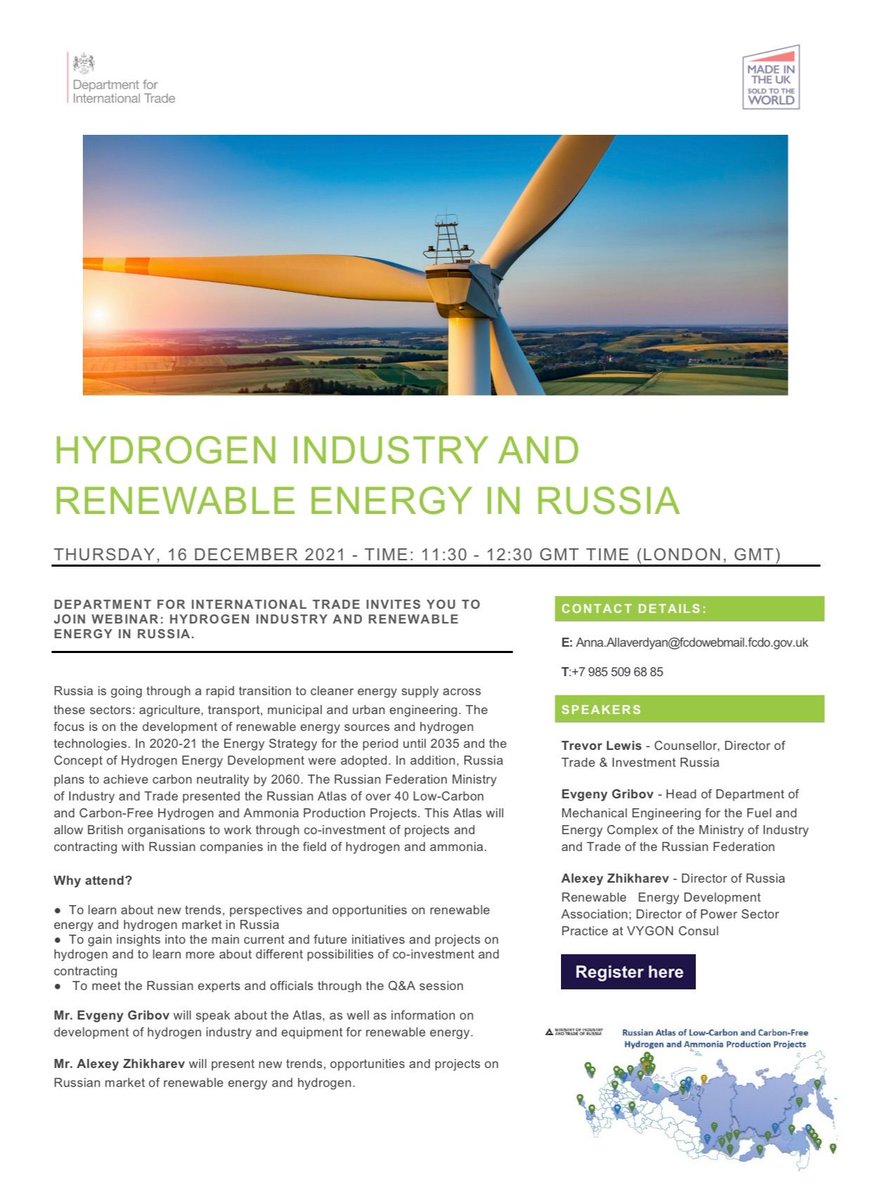 16/12 11:30am (UK time)
Join @tradegovukRUS and <a href="/minpromtorg_rus/">Минпромторг России</a> webinar on #hydrogen industry in 🇷🇺Russia.
Link to register: events.webinar.ru/28747445/98101…