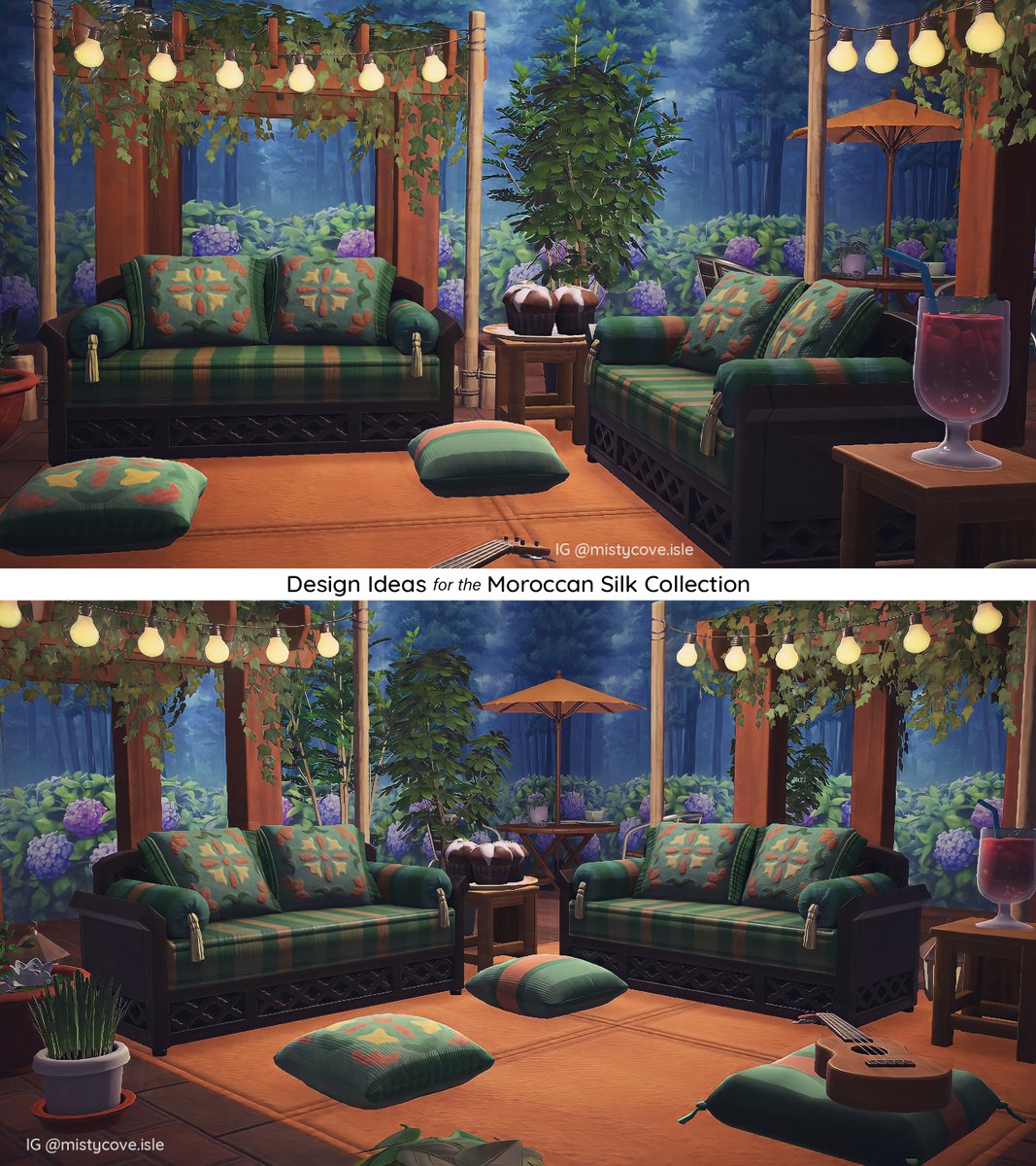 MistyCoveIsle's tweet photo. Design ideas for my Moroccon Silk Collection! 
Coordinating with the pillows on all 8 Moroccon sofas - Here's the room with the green sofa 
(Codes will be released soon!)
#ACNH #AnimalCrossingNewHorizons #AnimalCrossing #acnhinspo #ACNHDesign #どうぶつの森 #ACNHDesigns https://t.co/FXTpDyUu6L