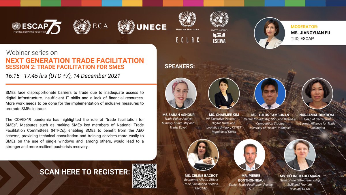 Join us tomorrow for an interesting discussion, organized by the United Nations, on the 'Next Generation Trade Facilitation' for SMEs, 14 Dec. 2021 (10.15-11.45 CET)
@UNCTAD @UNESCAP @JanHoffmann_gva  #tradefacilitation #smegrowth