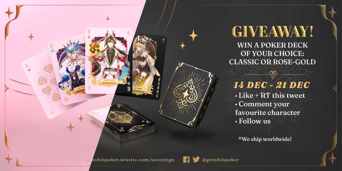 _SovereignTeam's tweet image. 👑 GIVEAWAY 👑

To win a Genshin Poker Deck of your choice: Black or Rose Gold ♣♦♠♥
☑ Like + RT this tweet
☑ Comment your favorite Royal
☑ Follow us

Goodluck 🌟🌟

International Shop: sovereigncircle.bigcartel.com
Asia Shop: mgpham.bigcartel.com
Etsy: etsy.com/shop/konacircle