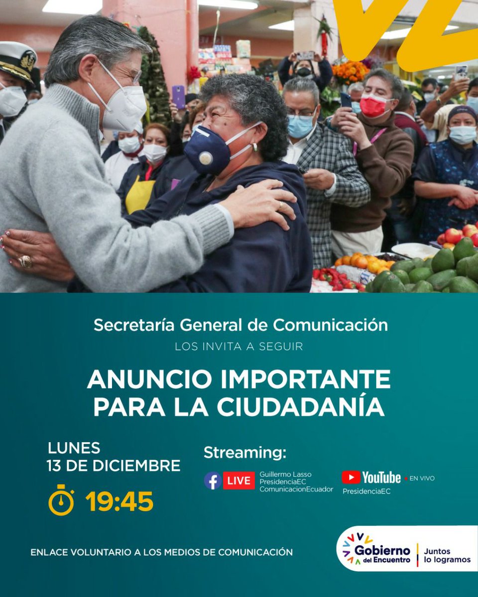 Produccion_Ecu's tweet photo. TRANSMISIÓN EN VIVO | Hoy, a partir de las 19h45, los invitamos a unirse al anuncio que dará el presidente @LassoGuillermo.

Será transmitido por @EcuadorTV, @PublicaFM, redes sociales oficiales y medios de comunicación que se enlacen voluntariamente. https://t.co/XGc2HnmhRo