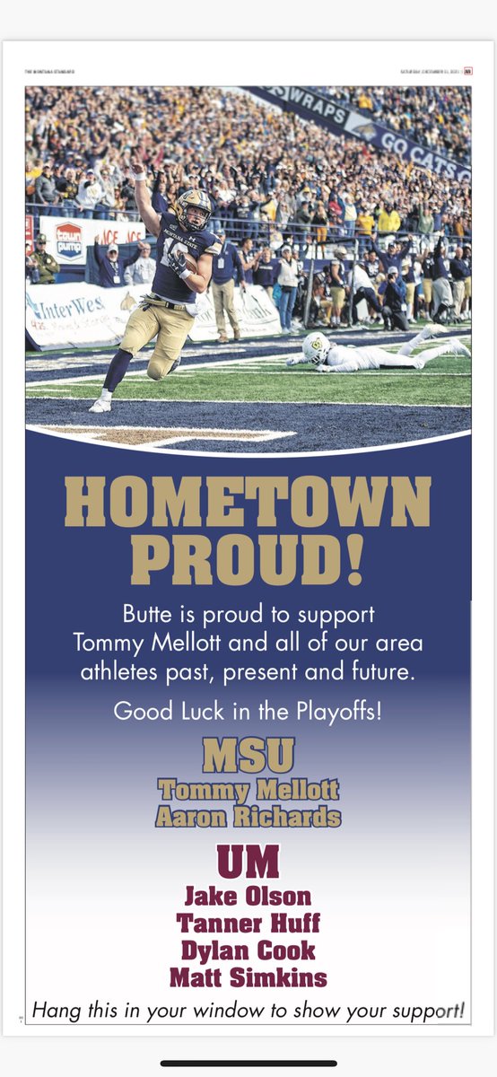 CPoolReporter's tweet photo. A fair amount of hometown support for Butte’s Tommy Mellott in the Montana Standard #MSUBobcatsFB https://t.co/sfO9ztV42y