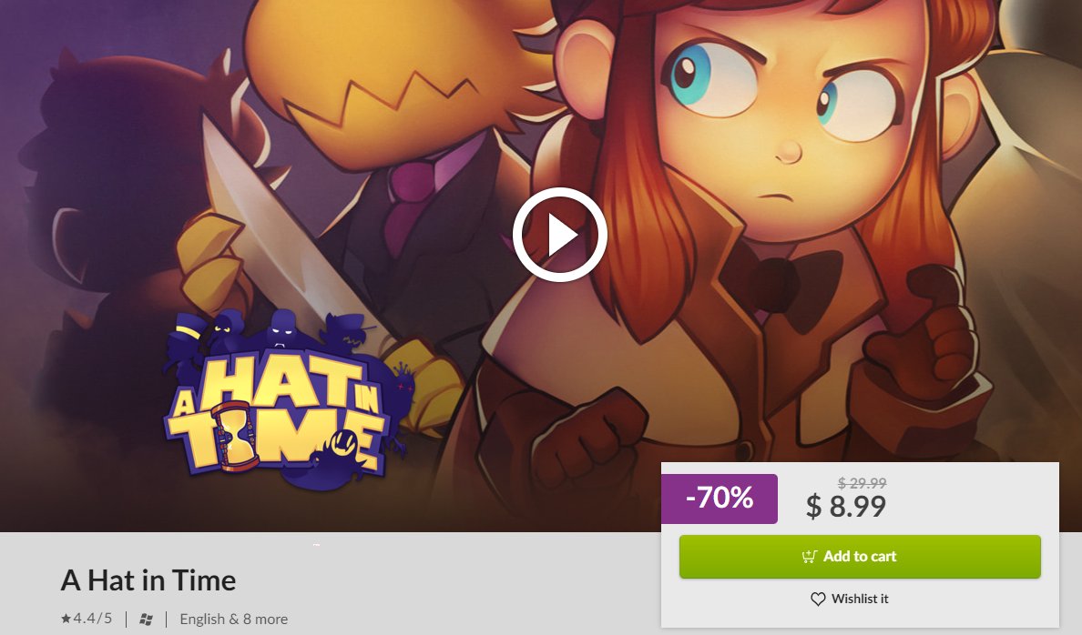 Wario64 on Twitter: "A Hat in Time is $8.99 on GOG https://t.co/xVRXirJxYJ (Steam) $14.99 Humble ($11.99 Choice discount) https://t.co/R6lZsZJmSg #ad https://t.co/RhRNDWTLi8" / Twitter