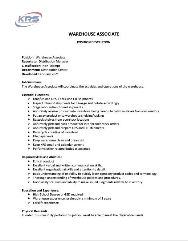 KRSinKC's tweet photo. We're looking to hire a Warehouse Associate at our location in North Kansas City. If you or someone you know is interested in this position, contact our office at (816)221-8383. The Job Description is pictured below: https://t.co/mNQpRW4acW