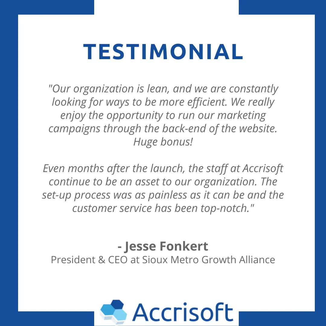 Accrisoft's tweet image. Thank you for the kind words, Jesse! It&apos;s an honor to be the website and marketing software provider for the @SiouxMetro Growth Alliance. #economicdevelopmentorganization #EDO #economicdevelopmentwebsites