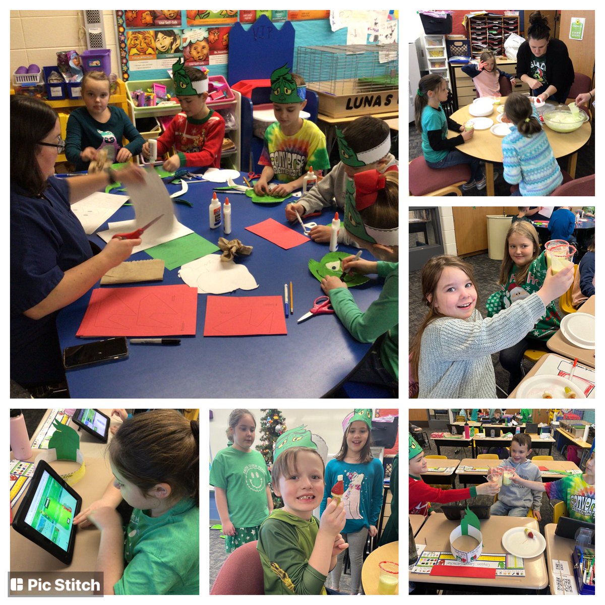 2ndwithMrsZ's tweet photo. Grinch Day was a big success!!  We did lots of reading skill review the book, learned about adjectives and described the Grinch, practiced our coding skills, had Grinch kabobs and Grinch punch, practiced our drawing skills, and solved some mystery problems to find the Grinch. https://t.co/0kJ0UHo2Zn