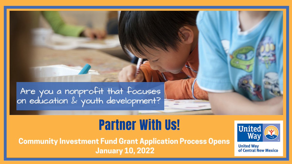 UnitedWayNCNM's tweet photo. Our goal in 2022 is to provide grant funds to more nonprofits. Do you know of a 501c3 in need of resources to increase their capacity to help families and individuals in central New Mexico? 

#SpreadTheWord - Application process opens January 10, 2022

https://t.co/7WQfsvLMs4 https://t.co/CHzPbE3xju