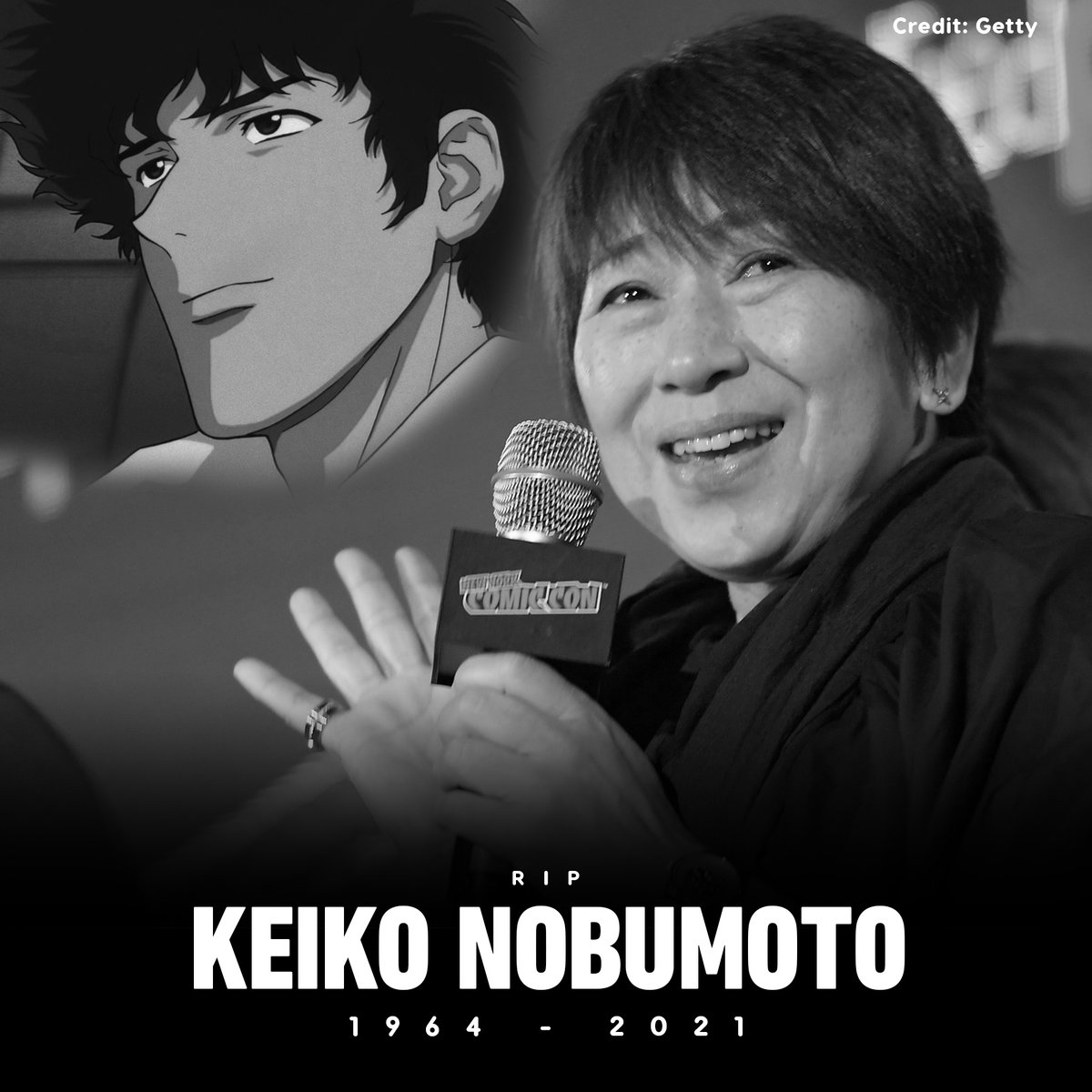 IGN's tweet photo. Keiko Nobumoto, the writer behind acclaimed anime including Cowboy Bebop, Macross Plus, Wolf's Rain, and Tokyo Godfathers, has passed away at the age of 57, reportedly after battling esophageal cancer. https://t.co/jmBkJkoC0j https://t.co/TrI1SyQbRd
