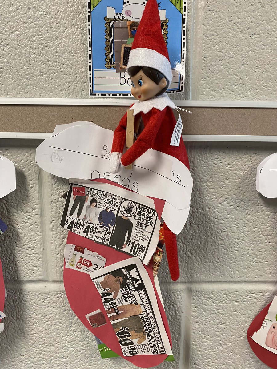 jovteach's tweet photo. Last week we learned the difference between needs and wants. We made stockings by cutting out pictures from catalogs! Snowflake was checking out our display in the hall #ClassroomElf #SnowflakeAdventures #WEStandTogether #becomebelongNYCSD @WESpolarbears https://t.co/qBlB9Ezx3e