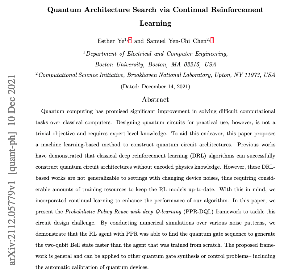 Our paper "Quantum Architecture Search via Continual Reinforcement Learning" is on arXiv!
arxiv.org/abs/2112.05779

#quantum 
#QuantumComputing 
#QuantumLeap 
#MachineLearning 
#ArtificialIntelligence