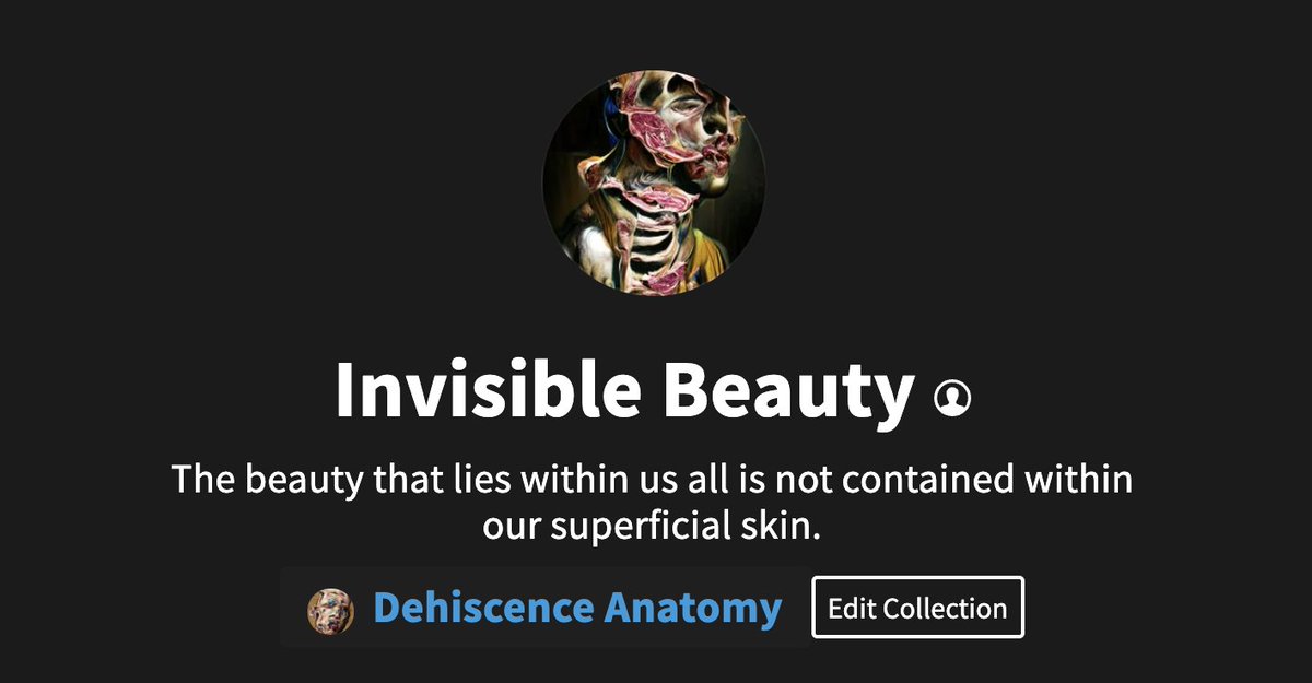 Invisible Beauty Collection on @objktcom 🧵

Our beauty doesn't lie within our superficial skin. Our external facade ages, wrinkles, sags and rots.
Our beauty lives within our psyche and our heart.

objkt.com/search?fa2=KT1…
#nftcommunity #nftcollectors #invisiblebeauty #CleanNFT