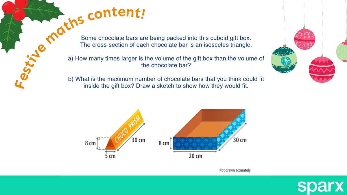SparxMaths's tweet photo. Do we have any Toblerone fans out there? 🍫
If so, you’ll LOVE this maths challenge.
Can you figure out our festive maths question this evening?
#festivemaths #maths #schoolteacher #edtechteacher #gcsemaths #ks3maths #highschool https://t.co/JhVZbdpvPD