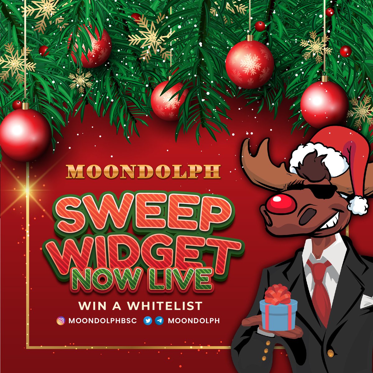 ⛄️Moondolph, The Red Nose Rocket 🚀  Is offering you the chance to win a whitelist spot. Go to the Moondolph website and enter your details there are limited spots available. Good luck 🤞 🎁 #BSCGems #moon #WINNER #memecoin #cryptocurrecy