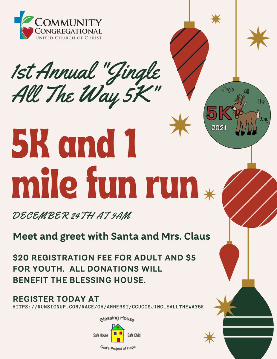 runsignup.com/.../OH/Amherst…
Join us in beginning Christmas Eve celebrations by jingling through downtown Amherst, spreading joy and cheer to our community.  There will be a 5k, untimed run as well as a 1-mile fun walk for all the festive jinglers who want a more casual morning.