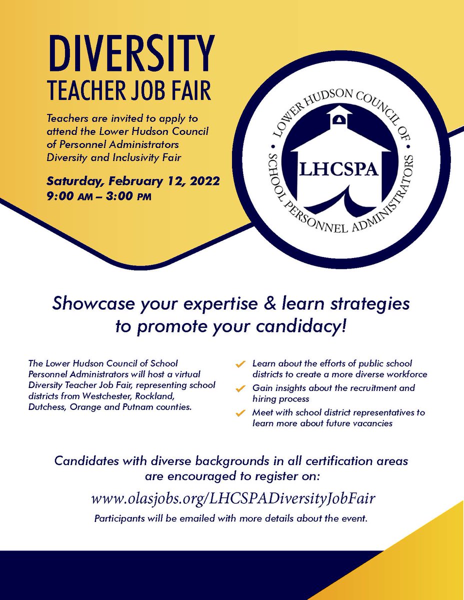 TSTTHQ's tweet photo. Apply to the Lower Hudson Council of Personnel Administrators Diversity and Inclusivity Fair. Learn about the recruitment/hiring process and network with school district representatives to learn more about future vacancies. CLICK HERE TO APPLY: https://t.co/KqrMbbAney https://t.co/248pMIePt5