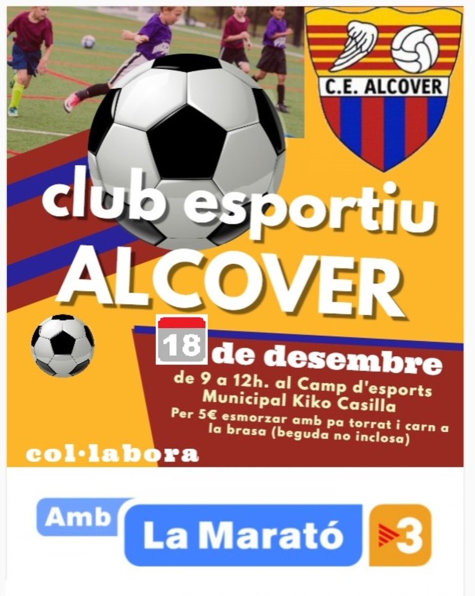 Dissabte 18 de desembre vine a esmorzar al Camp d'Esports Municipal per col•laborar amb la #maratotv3 #futbolamateur #cealcover