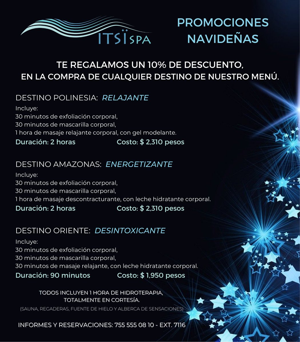 Consiéntete en #ItsiSpa de #AzulixtapaGrand.
Te esperamos y disfruta de las promociones navideñas.