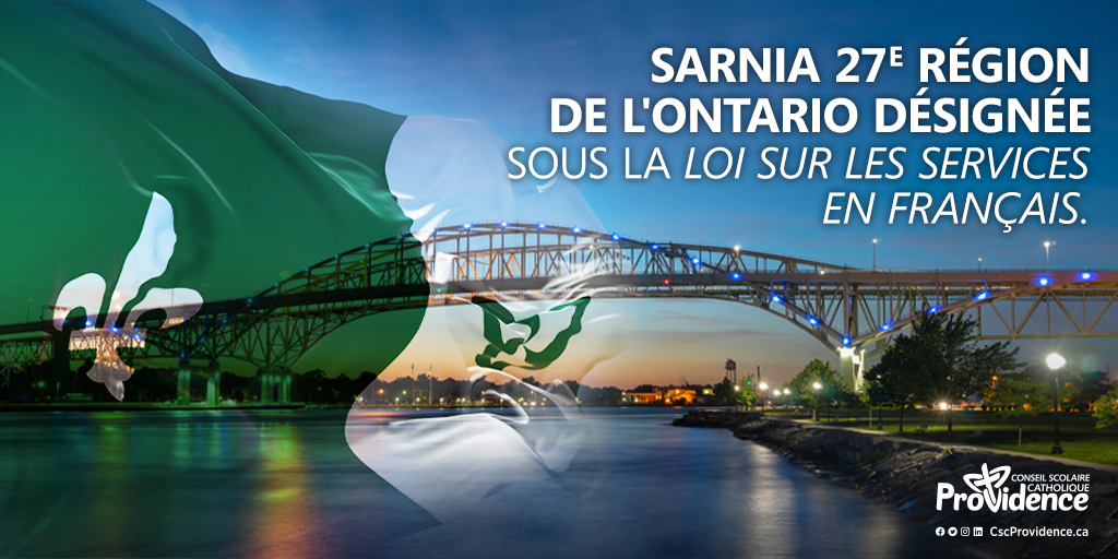 Le Csc Providence se réjouit d’apprendre que Sarnia devient la 27e région désignée sous la Loi sur les Services en français. Une grande nouvelle qui était attendue avec impatience de la part de notre communauté scolaire francophone ! 😁